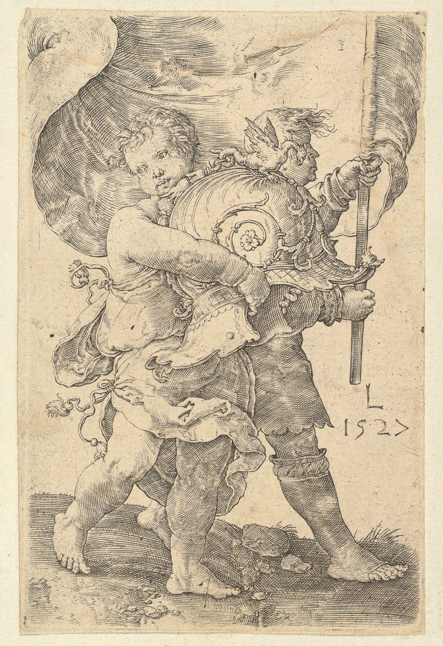 Två pojkar med hjälm och standard, 1527. av Lucas van Leyden