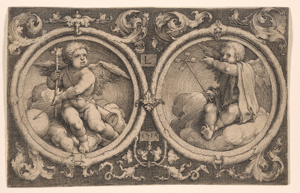 Två amoriner sittande på moln av Lucas van Leyden