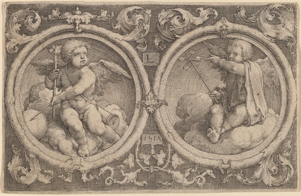 Två cupids som sitter på moln i två cirklar av Lucas van Leyden
