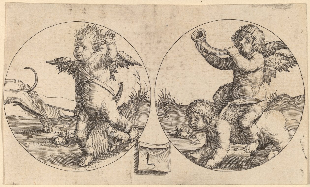 Två cupider i två cirklar av Lucas van Leyden