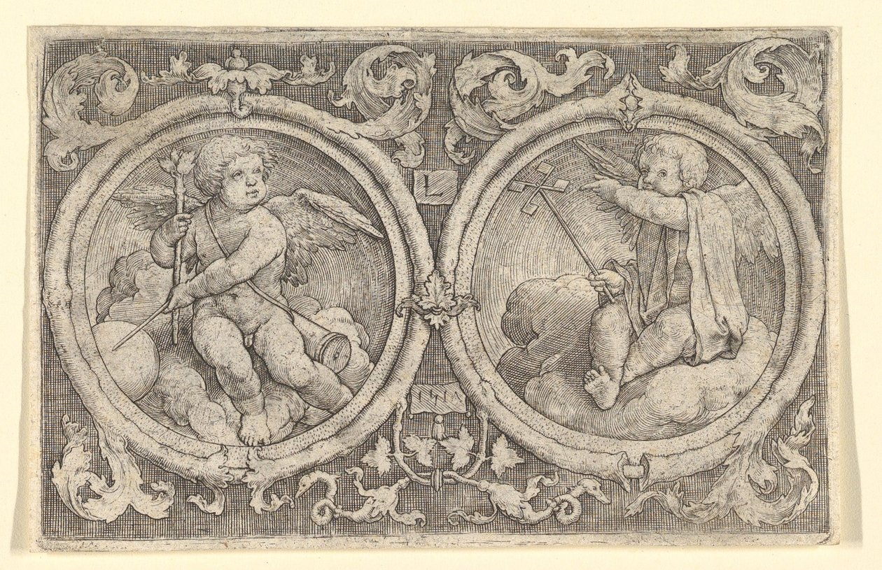 Två Putti sittande i moln i cirklar med rankor, 1517. av Lucas van Leyden