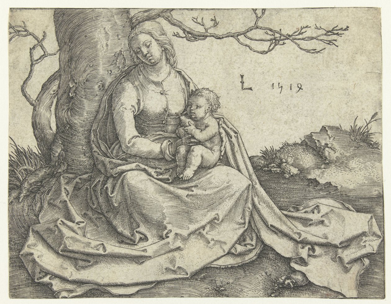 Jungfru och barn sitter under ett träd av Lucas van Leyden