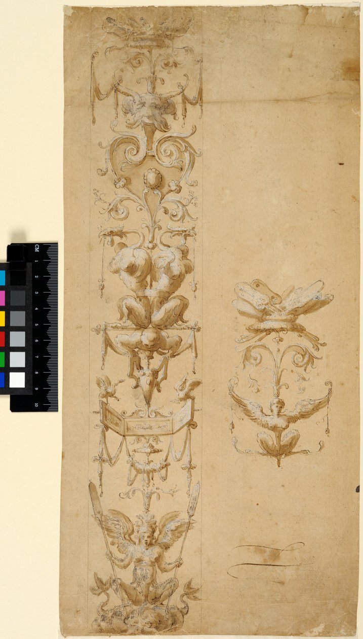 Wand- oder Pilasterdekoration mit streng symmetrisch angeordneten Grotesken av Lucas van Leyden