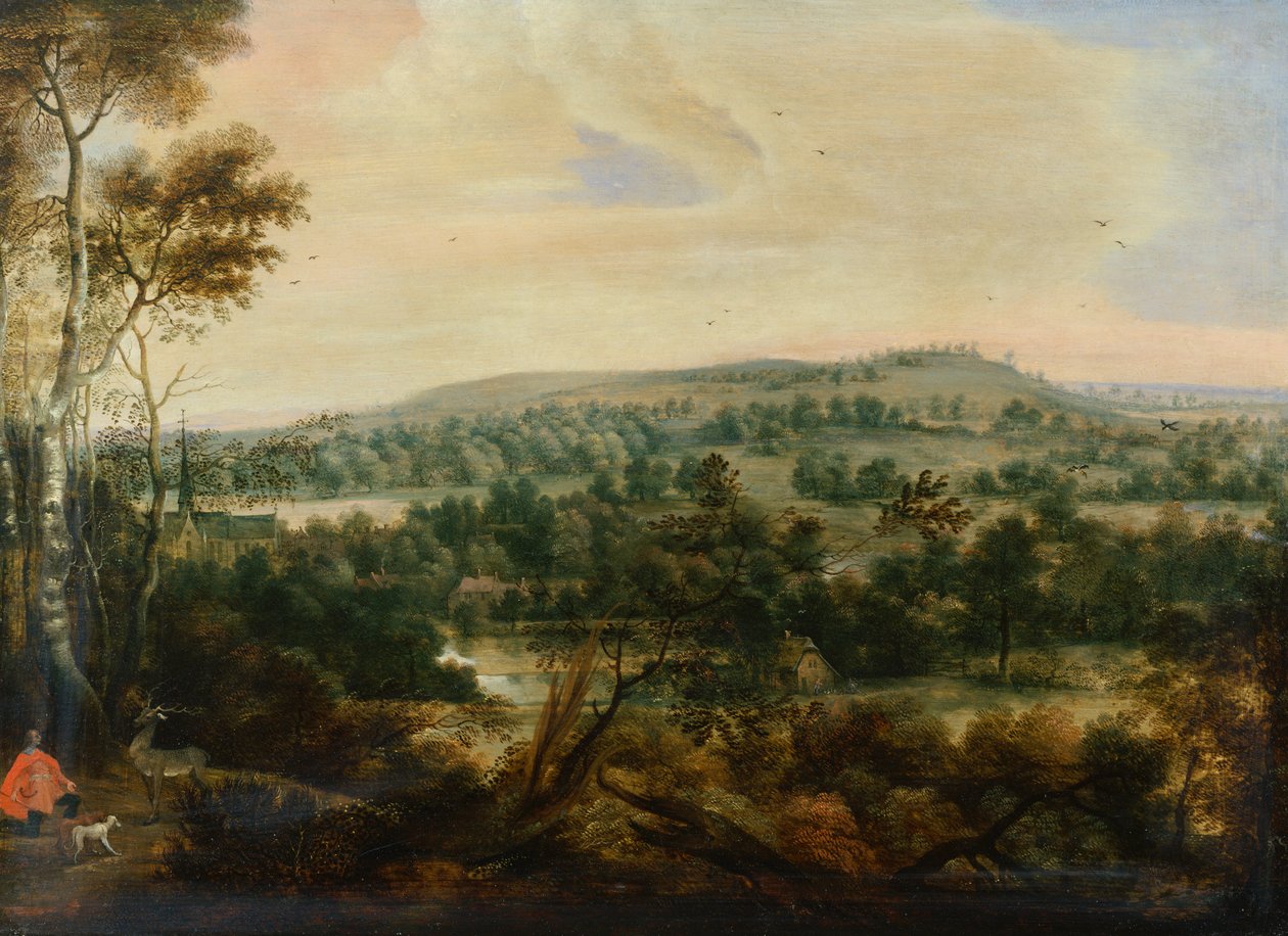 Skogbevuxen landskap med Saint Hubert (olja på panel) av Lucas van Uden
