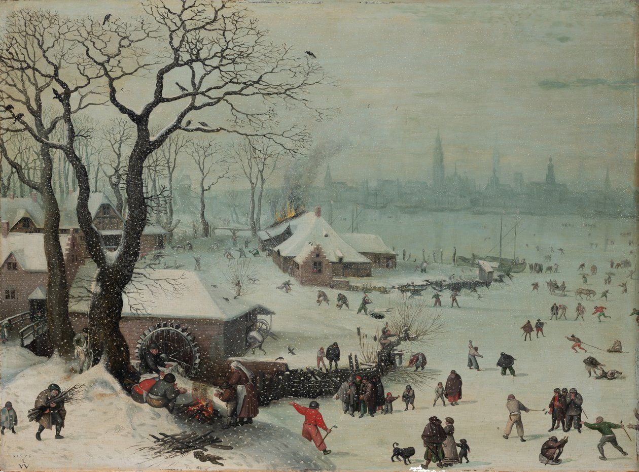 Vinterlandskap med snöfall nära Antwerpen av Lucas van Valckenborch