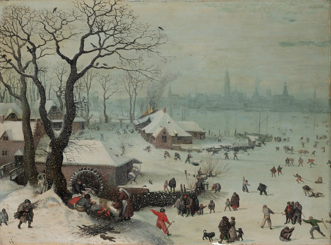 Vinterlandskap med snöfall nära Antwerpen av Lucas van Valckenborch