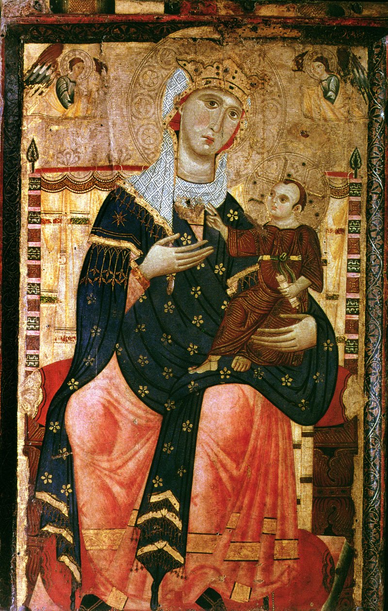 Enthroned Madonna and Child, c.1260 (duk läggs över poppel) av Luccanese School
