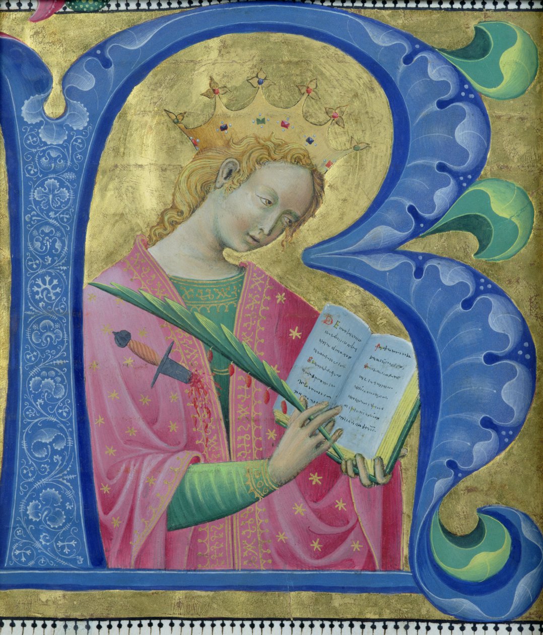 Upplyst initial R som föreställer St. Katarina av Alexandria, Lombardiets skola av Luchino Belbello