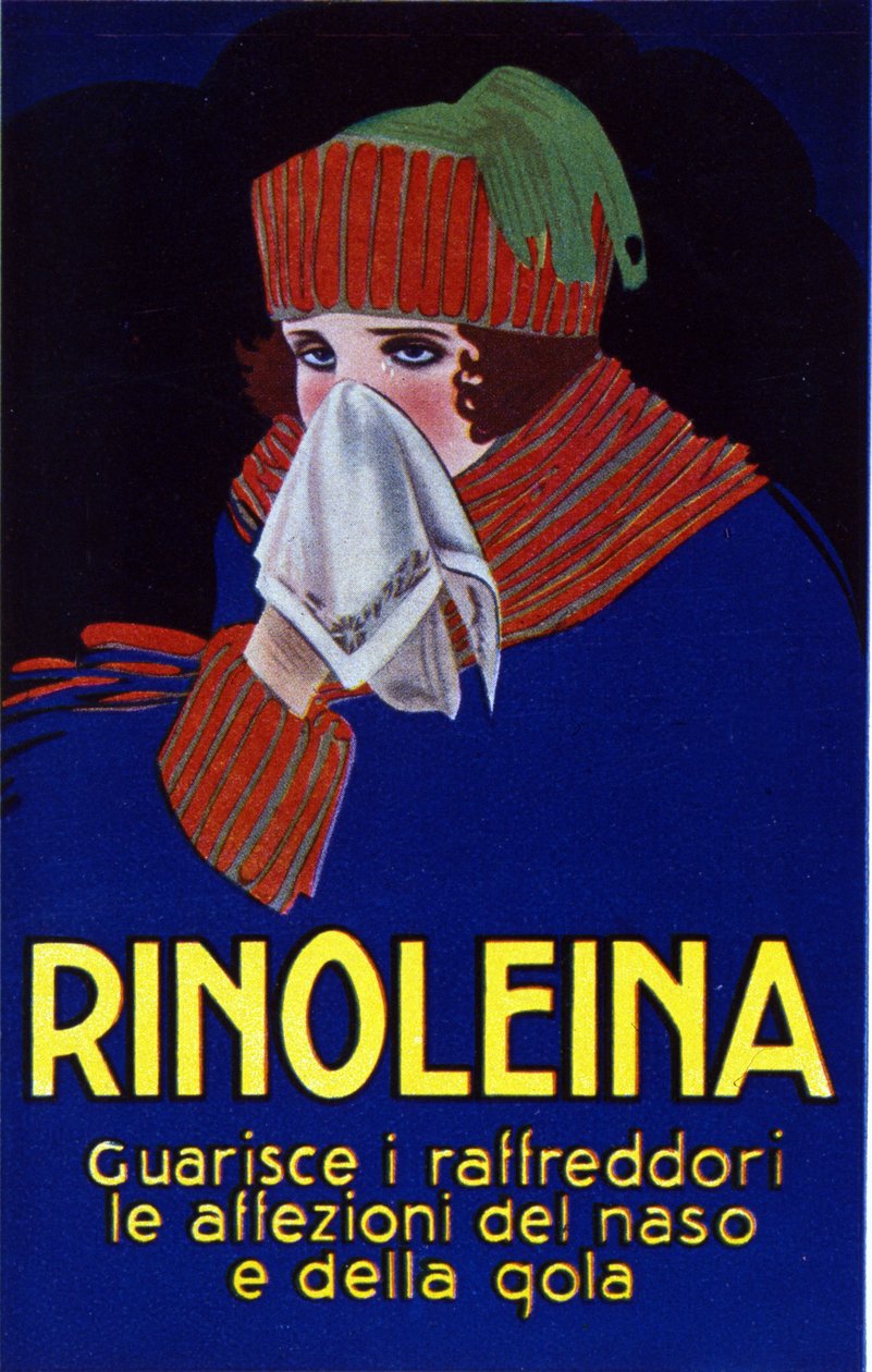 Reklam för läkemedlet Rinoleina mot förkylning, halsont och hosta. Illustration av Lucien Achille Mauzan (1883-1952). av Luciano Achille Mauzan
