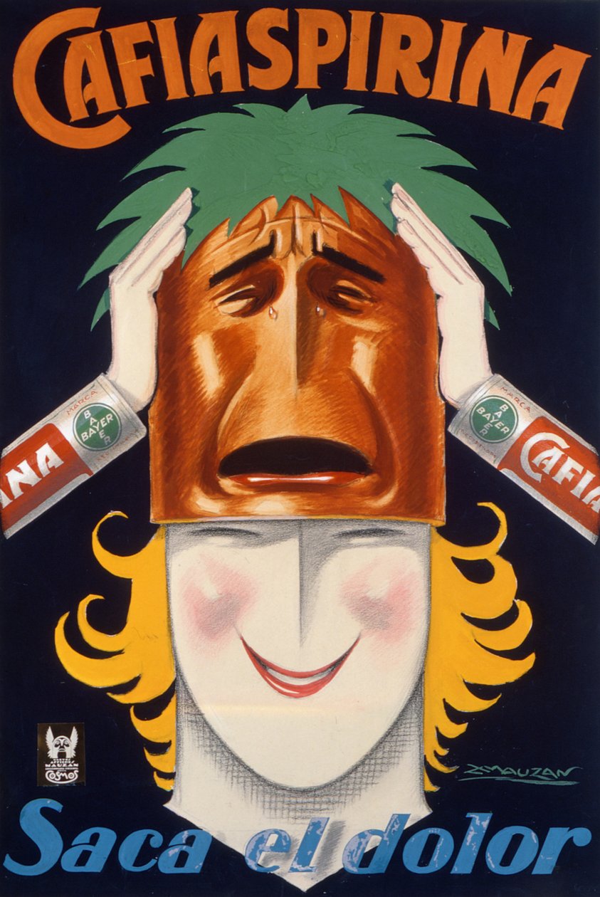 Affisch producerad i Argentina för att marknadsföra Cafiaspirina aspirin (färg litho) av Luciano Achille Mauzan