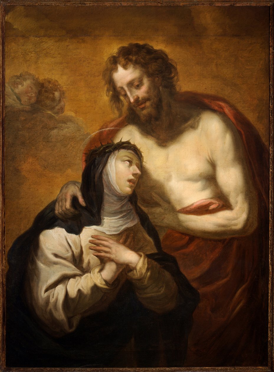 Kristi mystiska omfamning till Saint Catherine of Siena, Mystical Vision (olja på duk) av Luciano Borzone