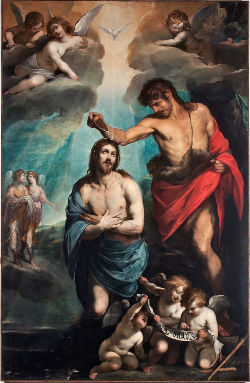 Kristi dop Den helige Andes duva (Helig Ande) ovanför Jesus Kristus (Jesu dop) Målning av Luciano Borzone (1590-1645) 1600-talets Genes, Musei di Strada Nuova (ex Palazzo Bianco) Italien av Luciano Borzone