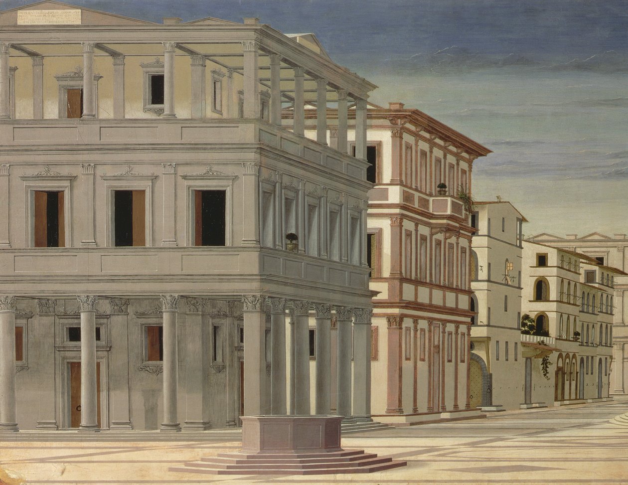 Vy över en ideal stad, eller Guds stad, efter 1470 detalj av 80057 olja på panel av Luciano Laurana