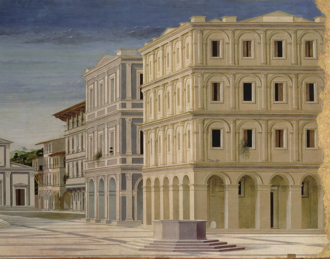Vy över en ideal stad, eller Guds stad, efter 1470 detalj av 80057 olja på panel av Luciano Laurana