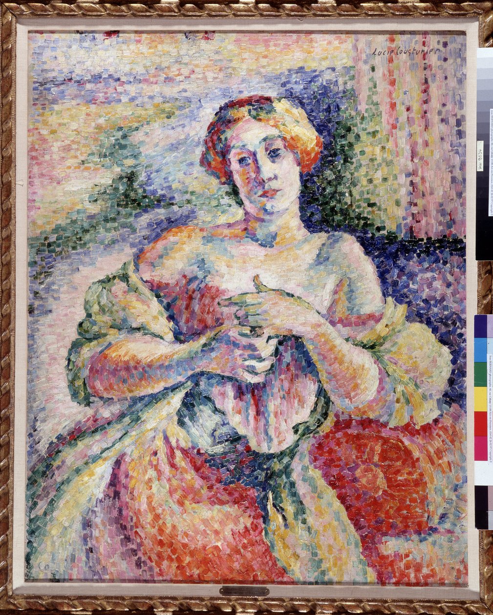 Kvinna i rosa och blått Ung elegante med denudees axel. Målning av Lucie Cousturier (1870-1925) 1908 Dim. 93x73 cm Obligatoriskt omnämnande: Collection fondation regards de Provence, Marseille av Lucie Cousturier