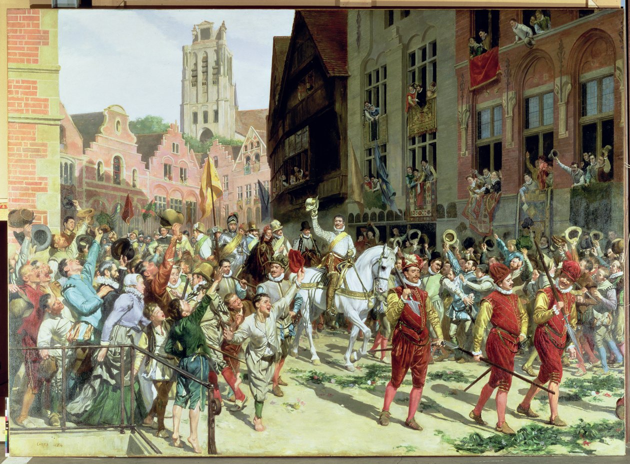 Prins Maurice av Orange-Nassaus triumferande ankomst till Rotterdam efter slaget vid Nieuwpoort 1600, 1884 av Lucien Alphonse Gros