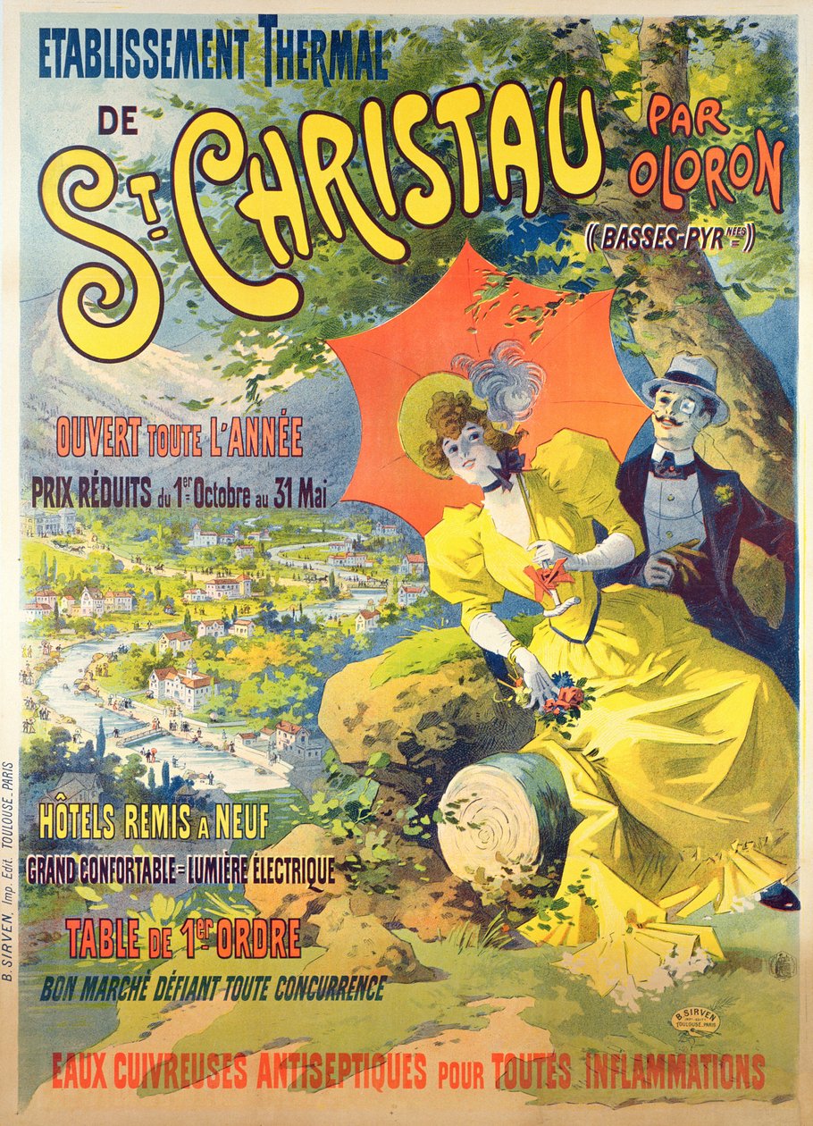Affisch som reklamerar hotellet St Christau par Oloron, tryckt av B. Sirven, Toulouse-Paris, ca 1900 av Lucien Baylac