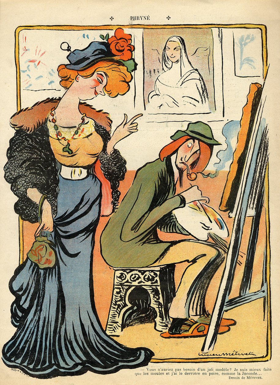 Phryne: karikatyr av en konstnärs modell, från baksidan av "Le Rire", 23 februari 1907 av Lucien Metivet