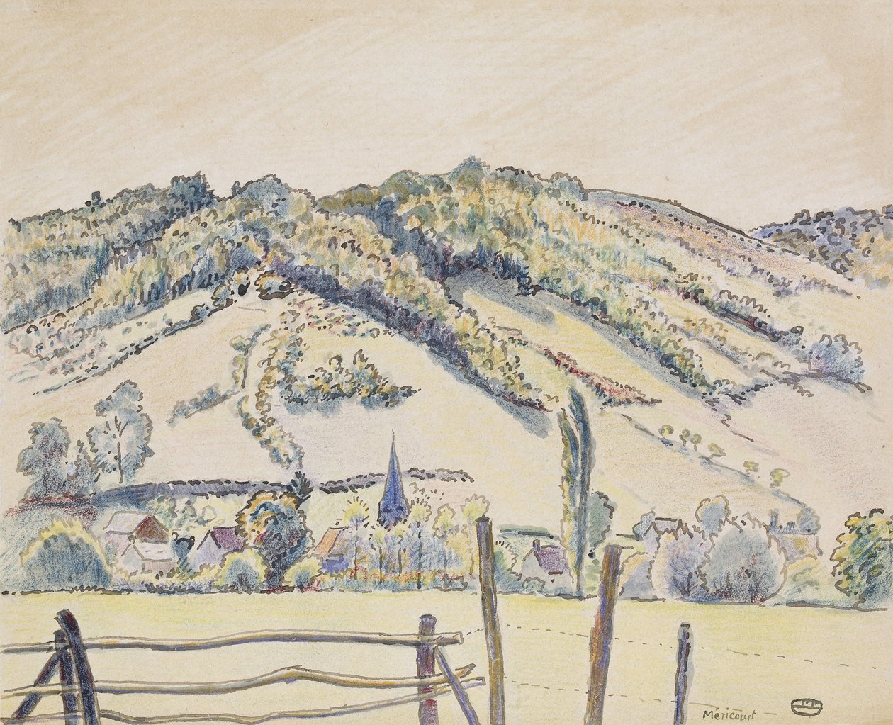 Méricourt, 1919 (penna och bläck och färgade kritor på vitt papper) av Lucien Pissarro