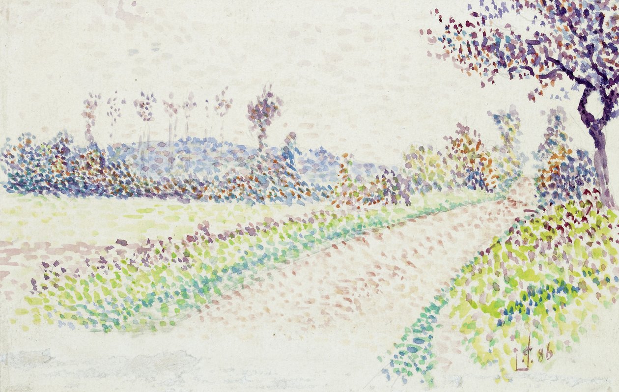 Väg nära Eragny, 1886 (akvarell över grafit på vitt papper) av Lucien Pissarro