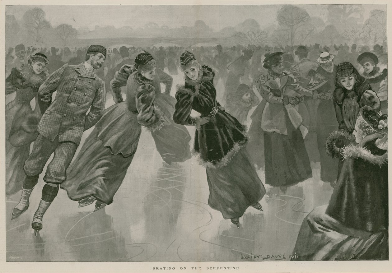 Skridskoåkning på Serpentine, Hyde Park, London (gravyr) av Lucien Davis