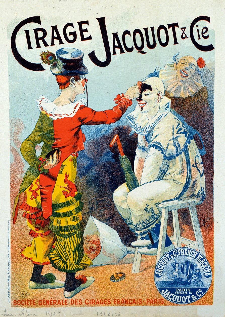Reklam för Jacquot polish. Två clowner som gör upp med lack. Teckning av Lucien Lefevre (1850-?). 1894 Paris. Arts Decoratifs - Annons för vax Jacquot: Två clowner som sminkar sig med skokräm, av Lucien Lefevre av Lucien Lefevre