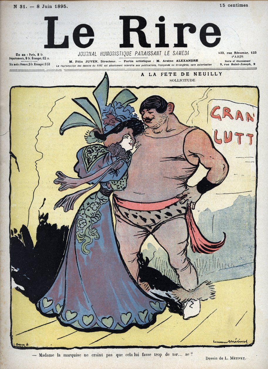 På festen i Neuilly: omsorg - en elegant klädd kvinna pratar med en tecknande brottare av Lucien Marie Francois Metivet (1863-1930) - skratten den 8 juni av Lucien Metivet