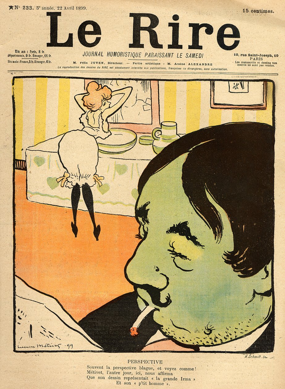 Humoristisk tecknad film från framsidan av "Le Rire", 22 april 1899 (lito i färg) av Lucien Metivet