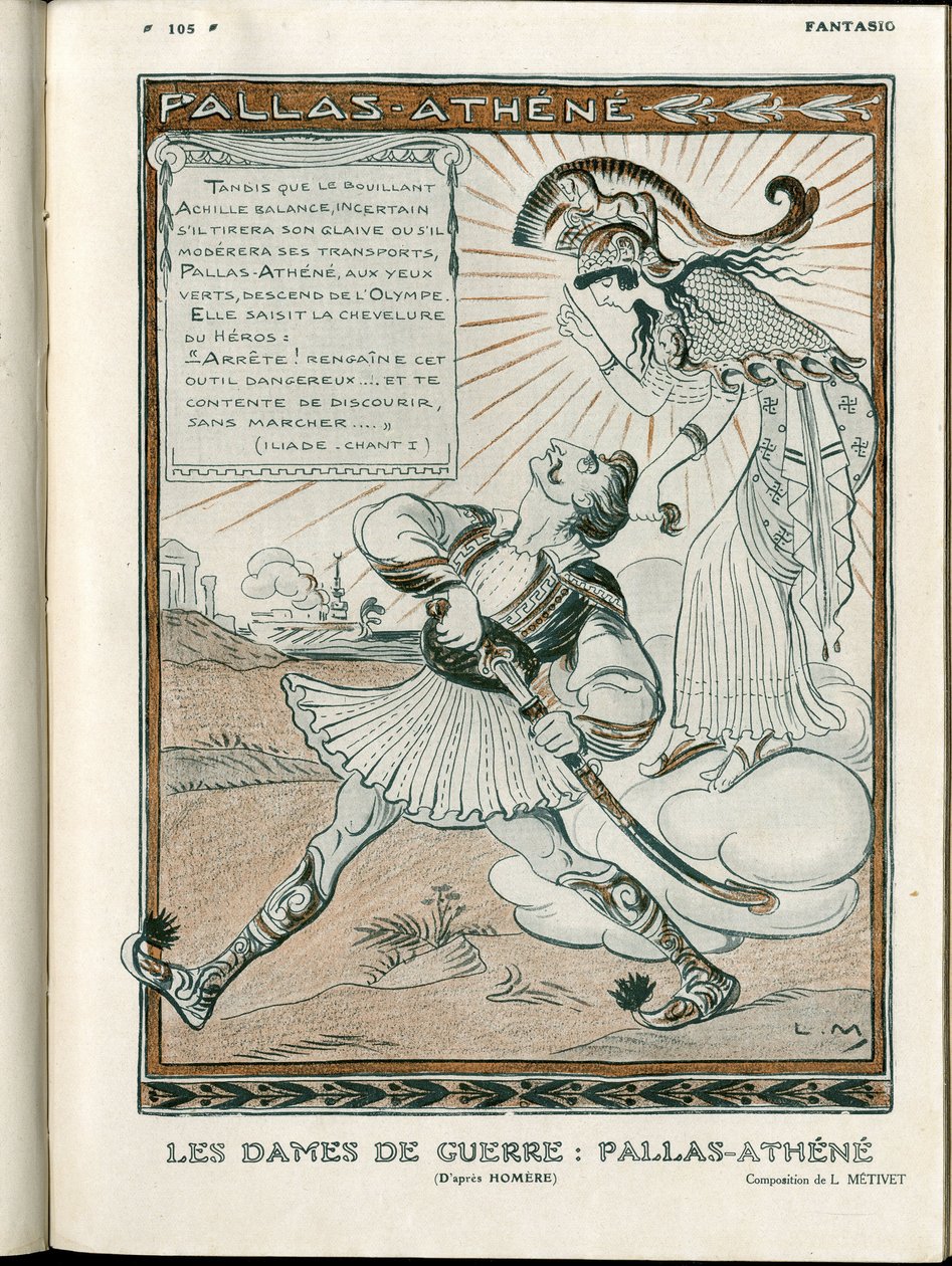 Illustration i "Fantasio", 01/04/15 - krigets kvinna Pallas-Athenee krig 14-18 (gravyr) av Lucien Metivet