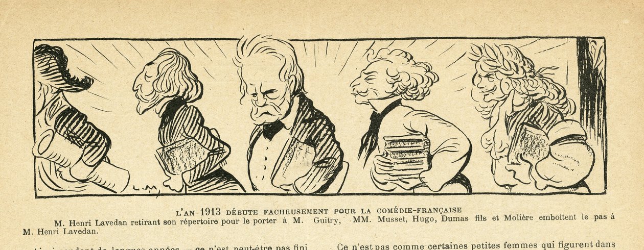 Illustration i Le Rire, 04/01/13 - året 1913... - Teater, Comedie francaise - Hugo Victor, Dumas Alexandre (son), Lavedan Henri (1859-1940), Guitry Sacha, Musset Alfred, Moliere (gravyr) av Lucien Metivet