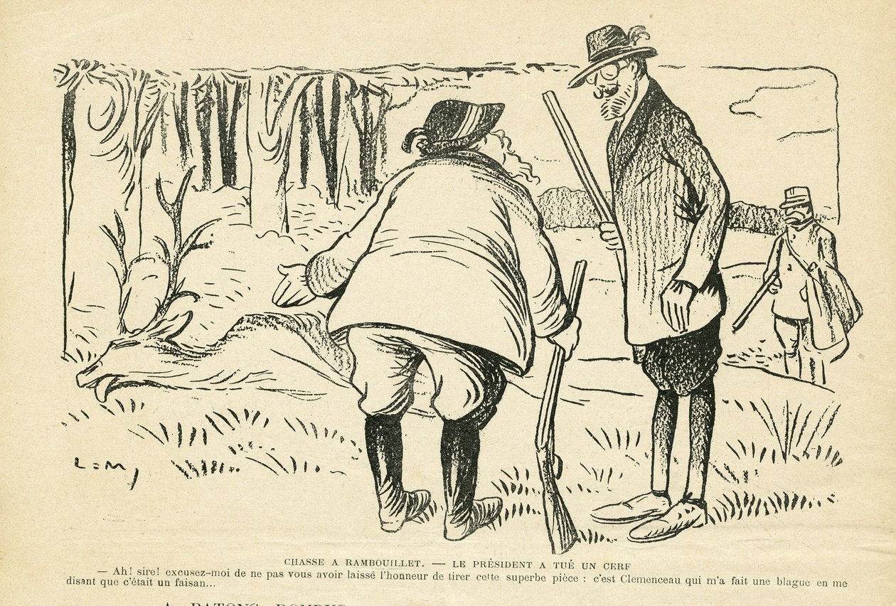 Illustration i Le Rire, 05/12/08 - Jakt i Rambouillet - Naturvegetation, Jaktjägare, republikens president, Rambouillet - Clemenceau Georges, Fallieres Armand (1841-1931), Rådjur av Lucien Metivet
