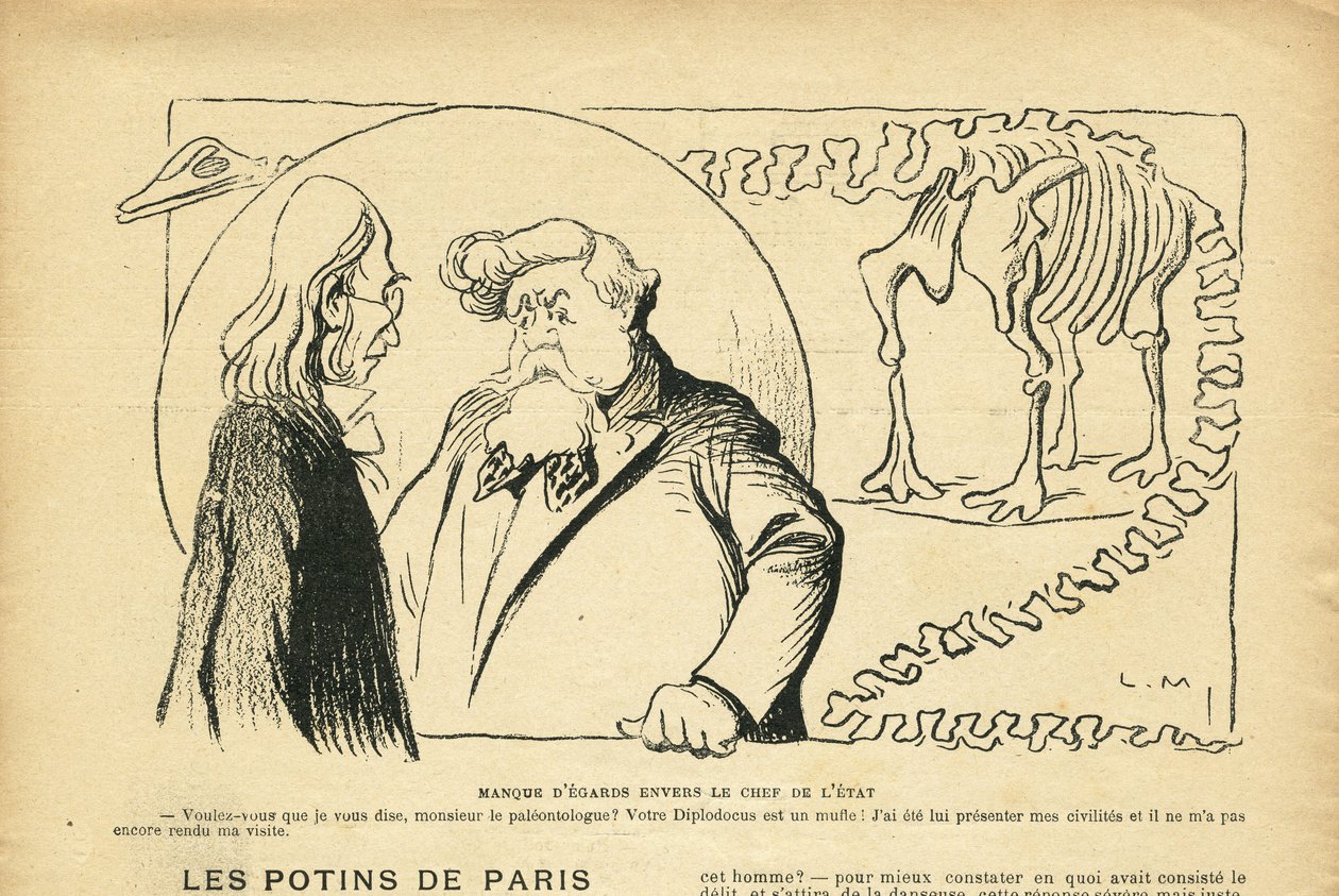 Illustration i Le Rire, 27/06/08 - ignorering av statschefen - republikens president, dinosaurie, paleontologi - Fallieres Armand (1841-1931), dinosaurie, Diplodocus (gravyr) av Lucien Metivet