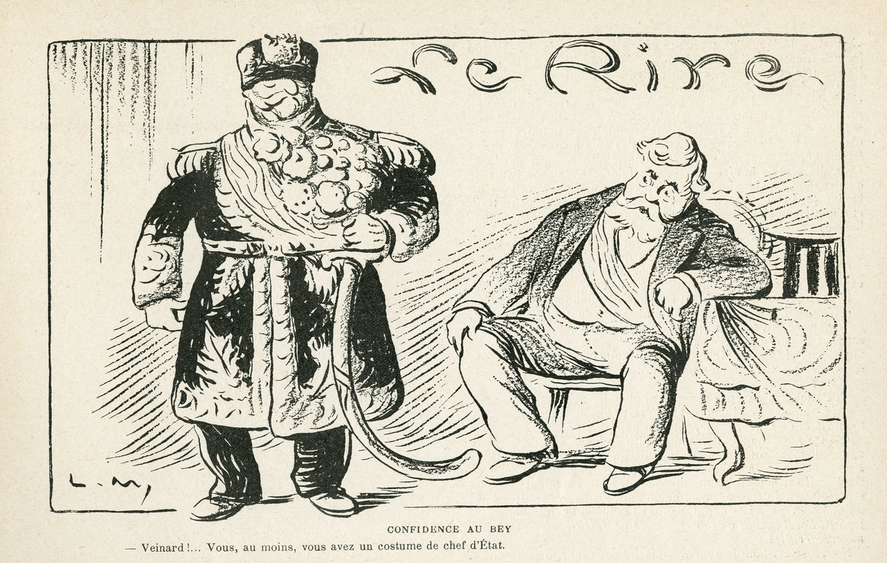 Illustration i Le Rire, 27/07/12 - Confidence au bey - Kolonisering - Fallieres Armand (1813-1941), Naceur Bey (Mohamed el-Naceur Bey) (1855-1922) (gravyr) av Lucien Metivet