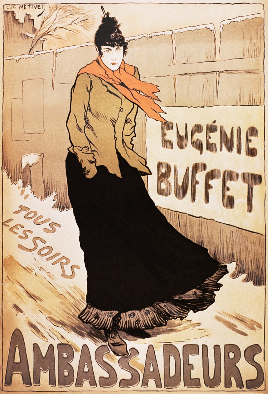 Vintageaffisch av den franska sångerskan Eugenie Buffet som går i snön av Lucien Metivet