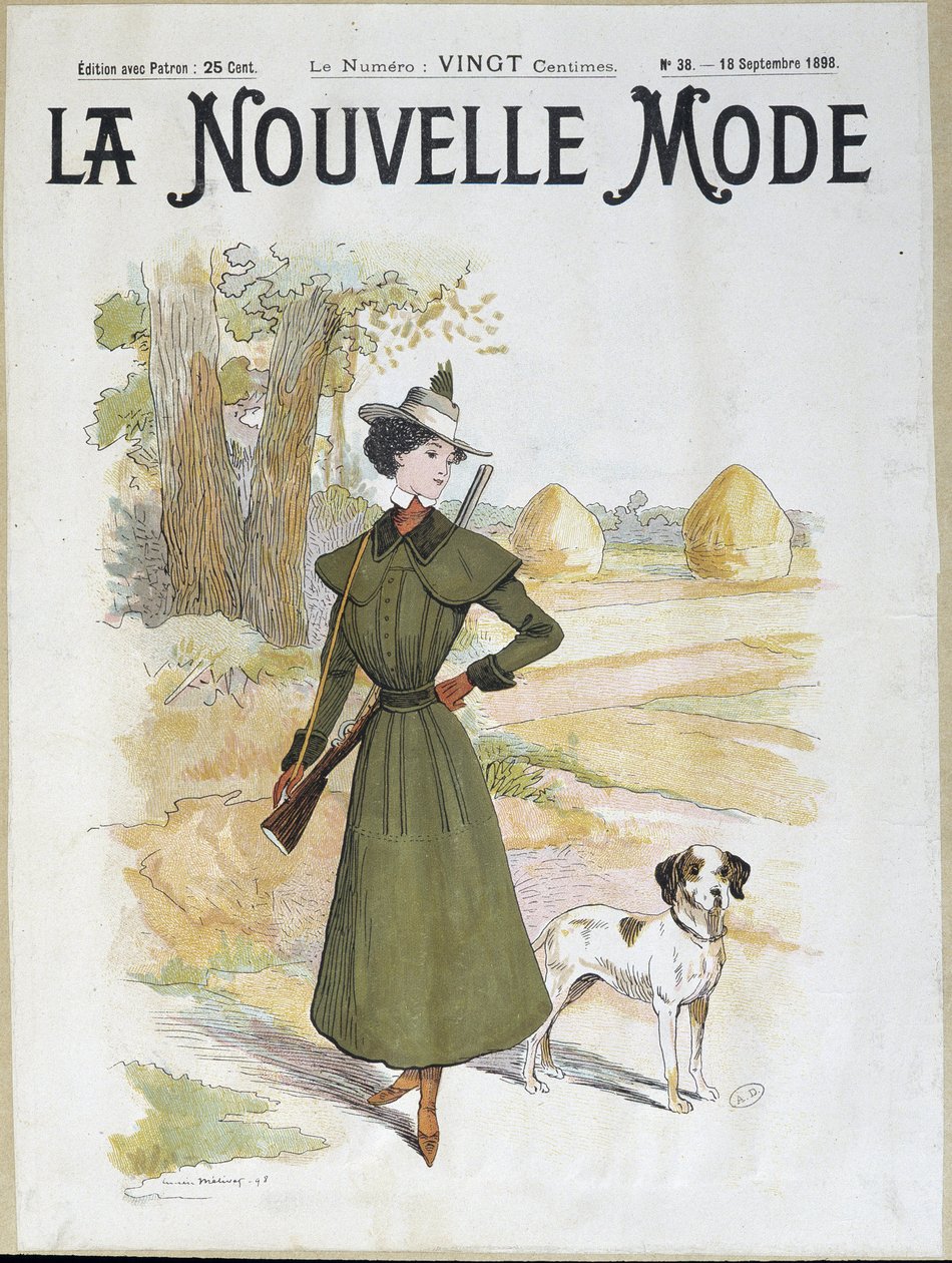 Kvinna i jaktdräkt med ett gevär - i "" La Nouvelle Mode"" från september 1898 av Lucien Metivet