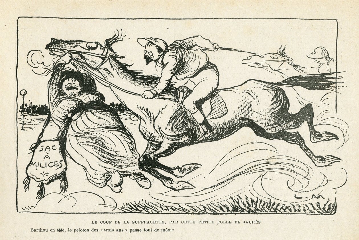 illustration i Le Rire, 28/06/13 Suffragettens slag, av denna lilla galning från Jaures (gravyr) av Lucien Metivet