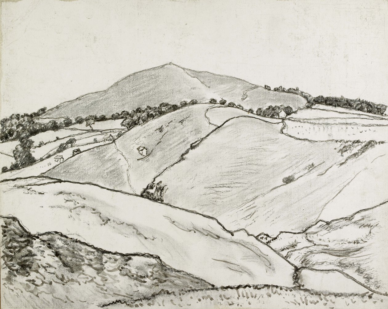Cefn Bryn, 1933 (svart krita och oljetvätt på duk ombord) av Lucien Pissarro