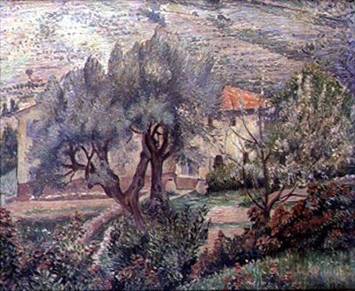 Orovida Landscape, the Cherry Tree (olja på duk) av Lucien Pissarro