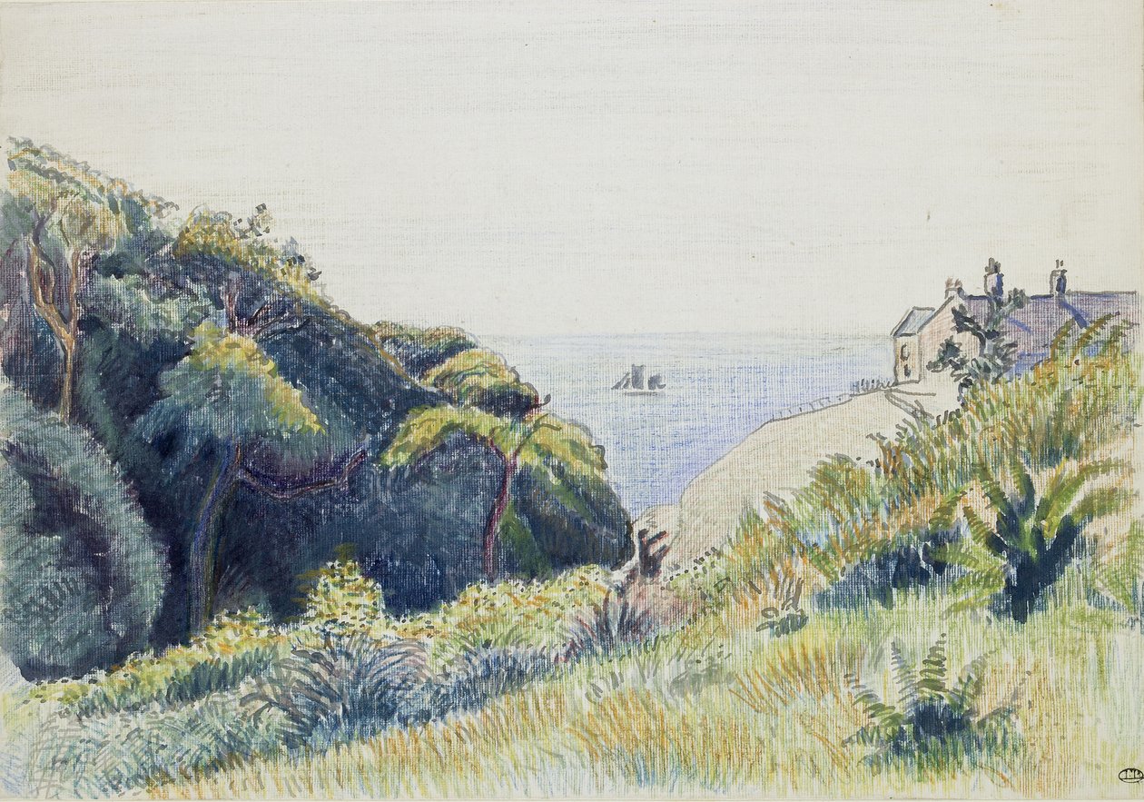 The Coastguards House, Ecclesbourne, 1918 (penna och grått bläck och färgade kritor på texturerat papper) av Lucien Pissarro