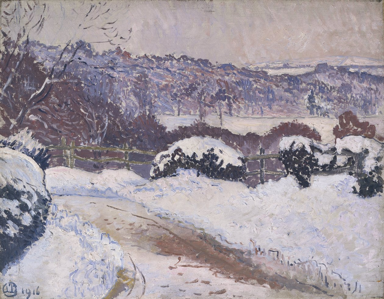 Dorking Road, Coldharbour, i snö av Lucien Pissarro