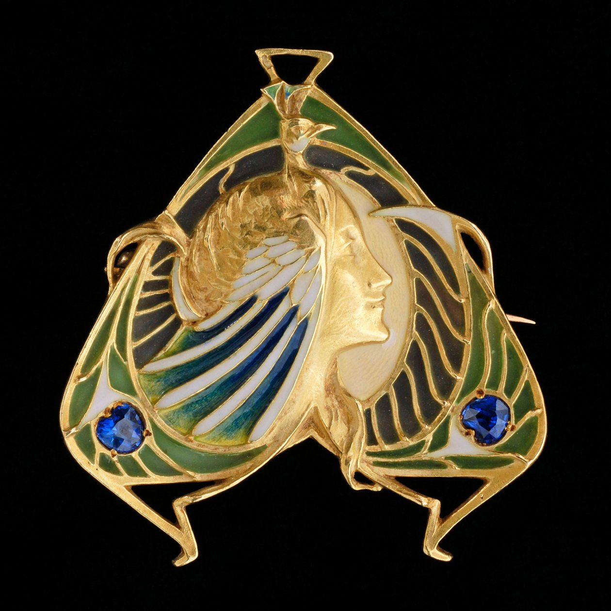 Broschhänge, ca 1900 (guld och plique à jour emalj med safirer) av Lucien or Léopold Gautrait
