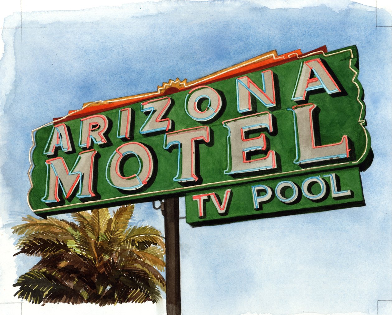 Arizona Motel på 6th Avenue, 2004 (wc på papper) av Lucy Masterman