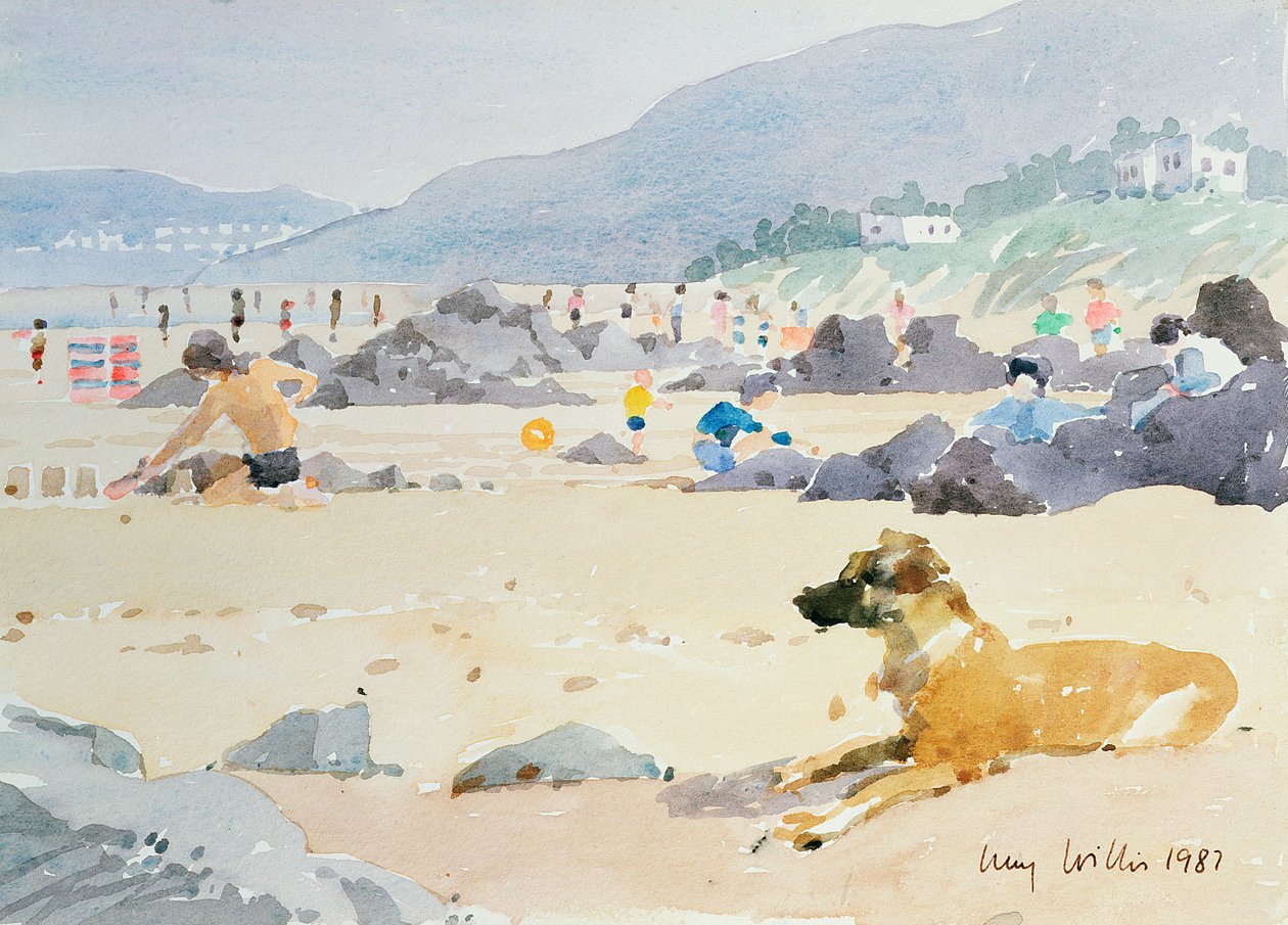 Dog on the Beach, Woolacombe, 1987 (wc på papper) av Lucy Willis