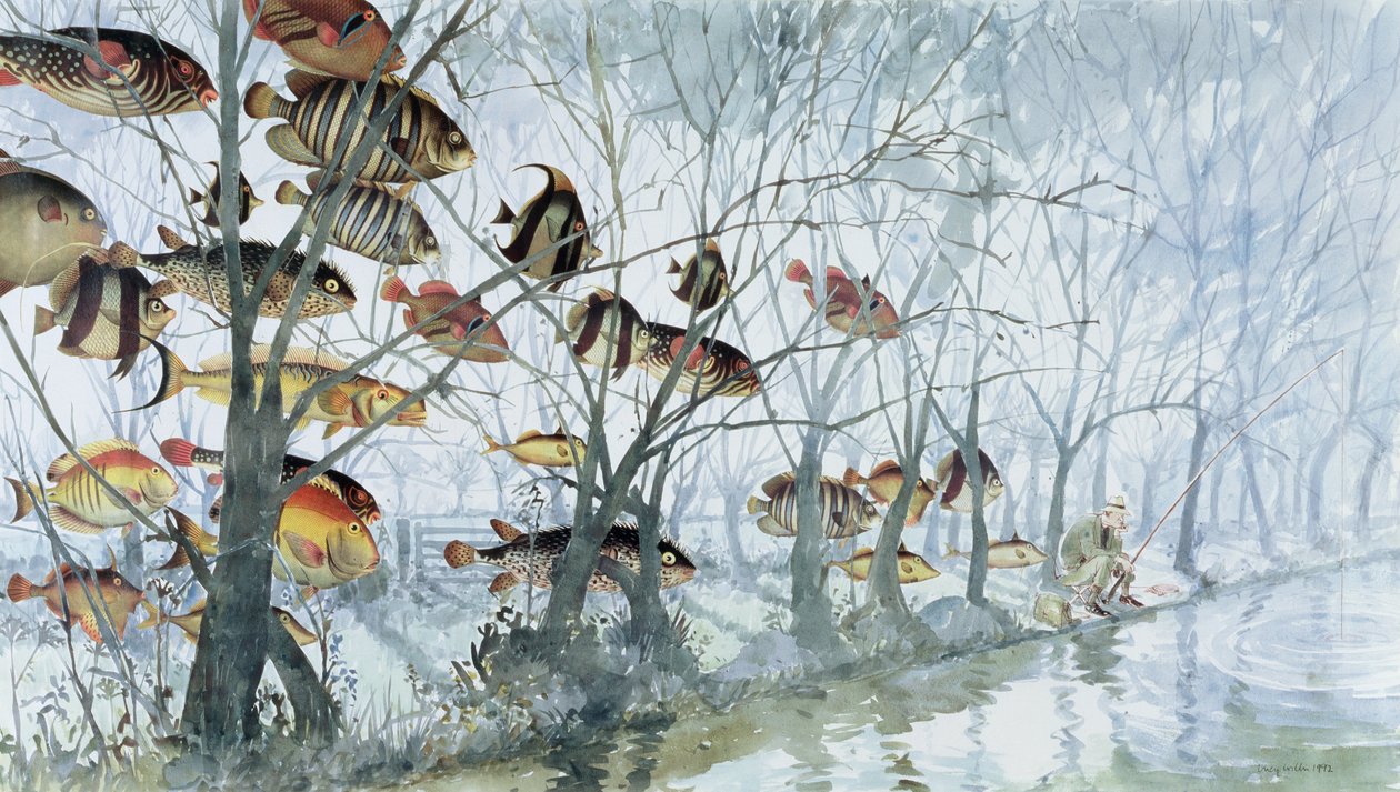 Flugfiske, 1992 (wc, collage, penna och bläck på papper) av Lucy Willis