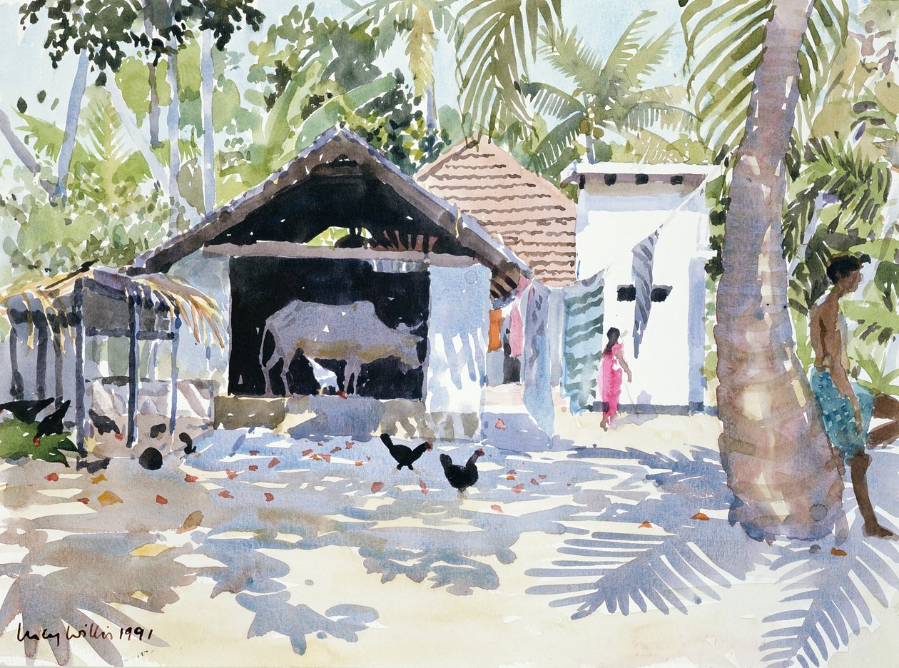 The Backwaters, Kerala, Indien, 1991 (wc på papper) av Lucy Willis