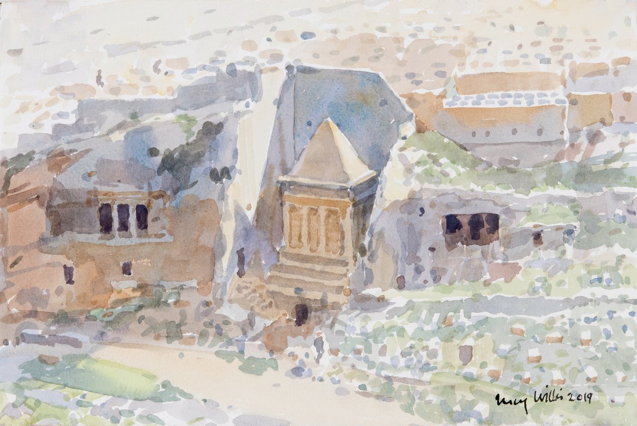 Forntida gravar i Kidrondalen, Jerusalem, 2019 (w/c på papper) av Lucy Willis
