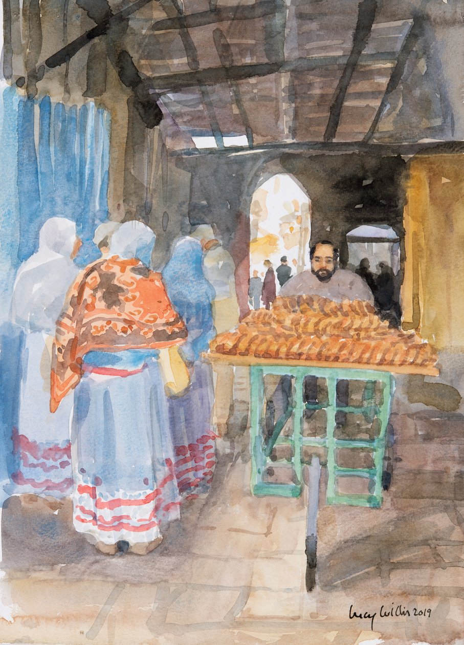 Bagel Seller i Gamla stan, Jerusalem, 2019 (w/c på papper) av Lucy Willis