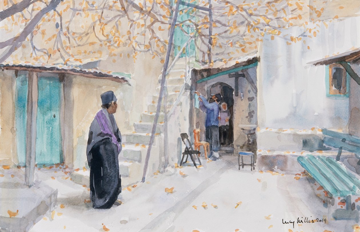 Etiopier på The Church of the Holy Sepulchre, Jerusalem, 2019 (w/c på papper) av Lucy Willis