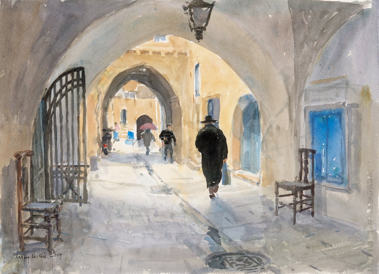 Going Home, Habad Street, Jerusalem, 2019 (w/c på papper) av Lucy Willis
