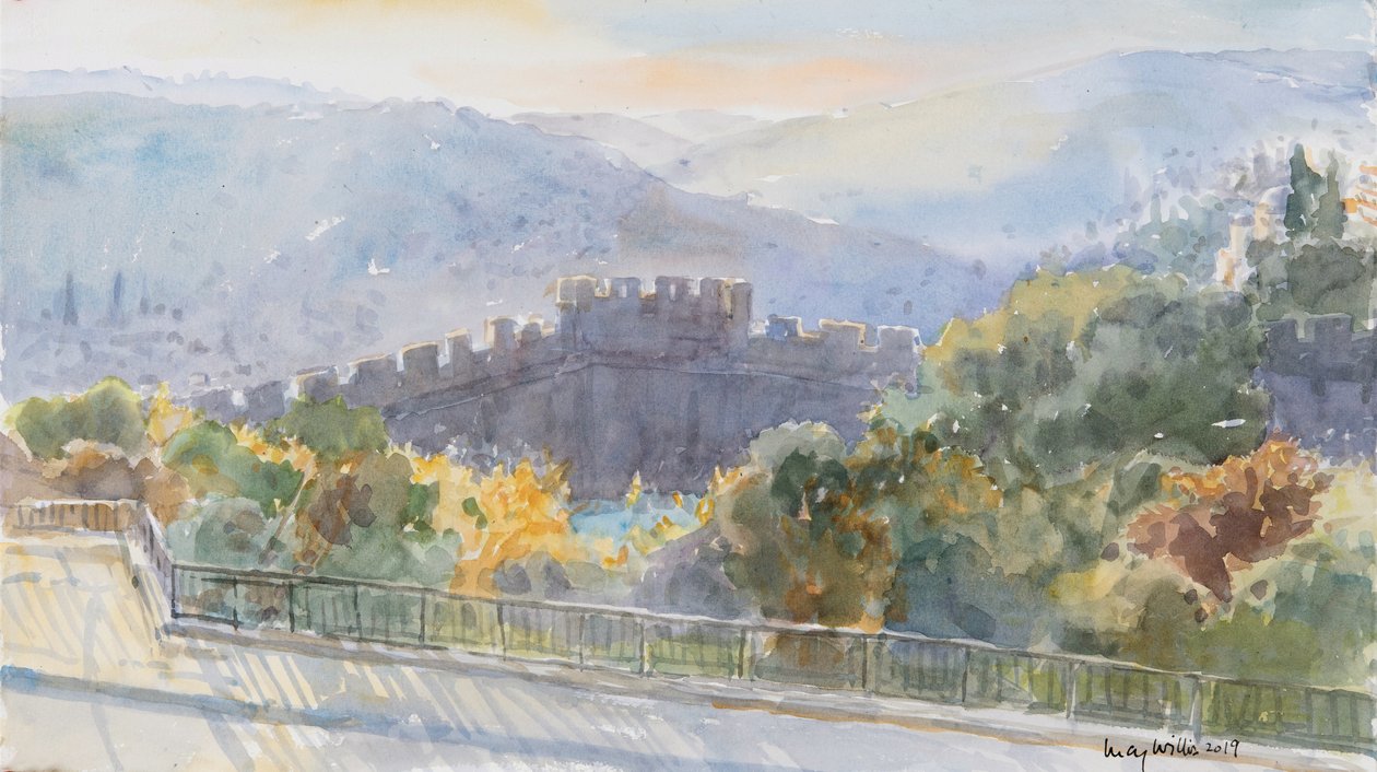 Hills Beyond the City, Sunrise, Jerusalem, 2019 (w/c på papper) av Lucy Willis
